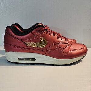 Nike Air Max 1 University Red Gold Sequin Logo Sneakers Women's Shoe Size 10